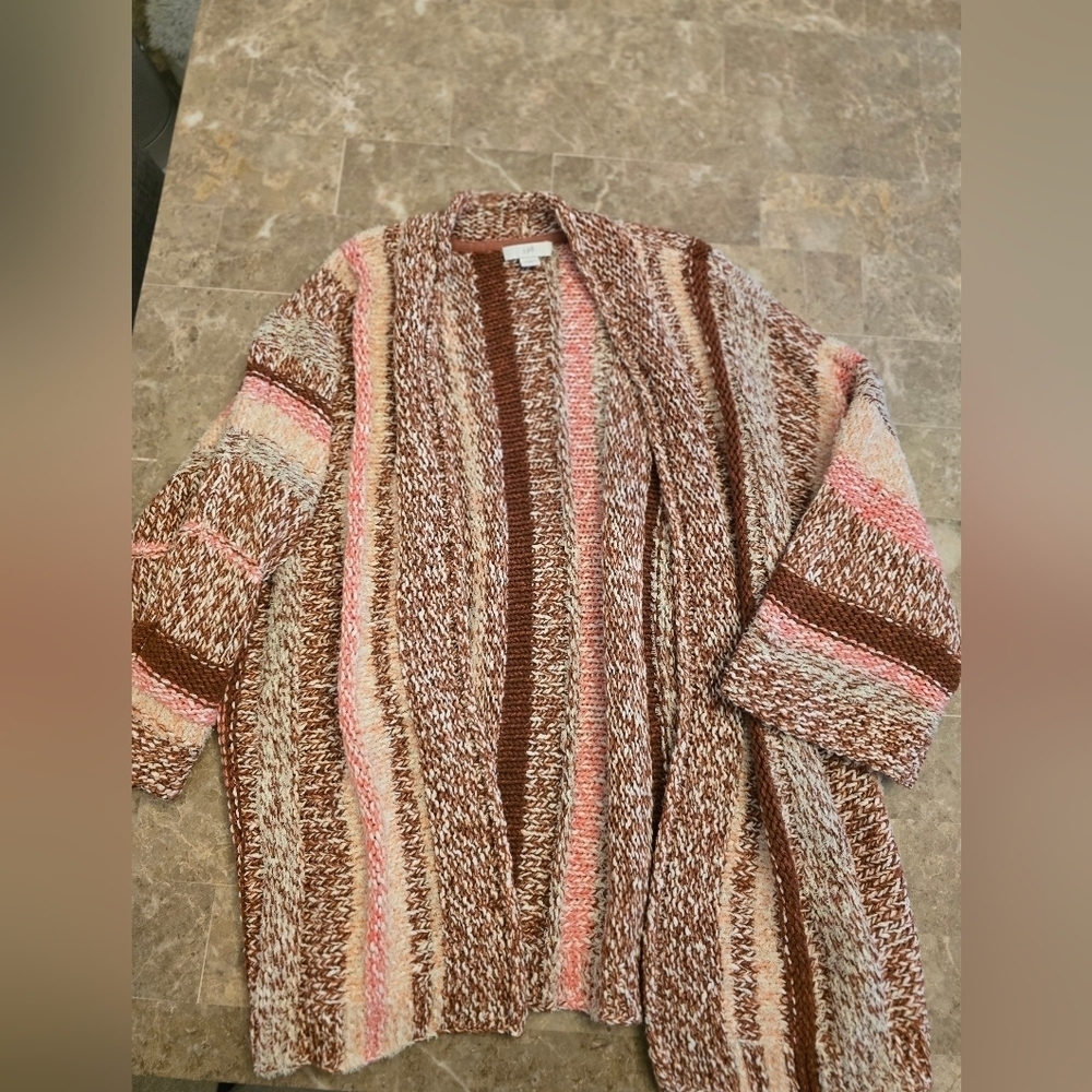 Women's J.Jill Pink & Brown Striped Boho Cardigan Sz Xs - Picture 1 of 4